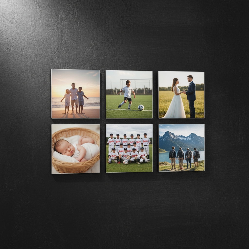 Six Thin Square Magnets with Sharp Edges on Metal Chalkboard