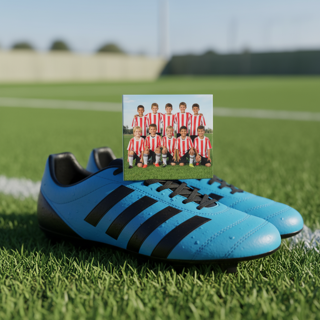 Thin Square Team Photo Magnet on Soccer Cleats on Field