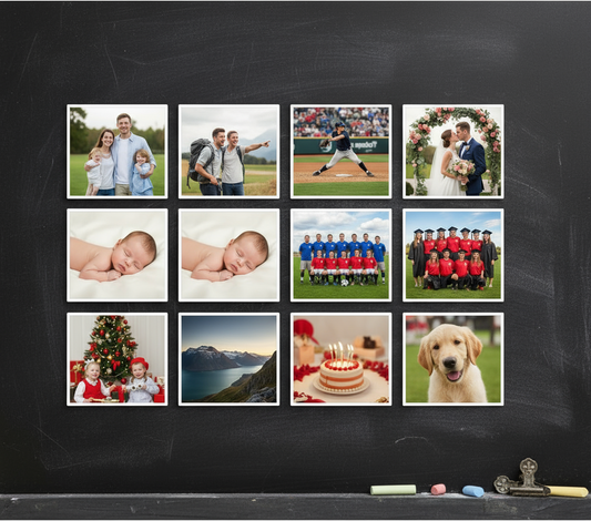 Twelve Thin Square Magnets with Sharp Edges on Metal Chalkboard